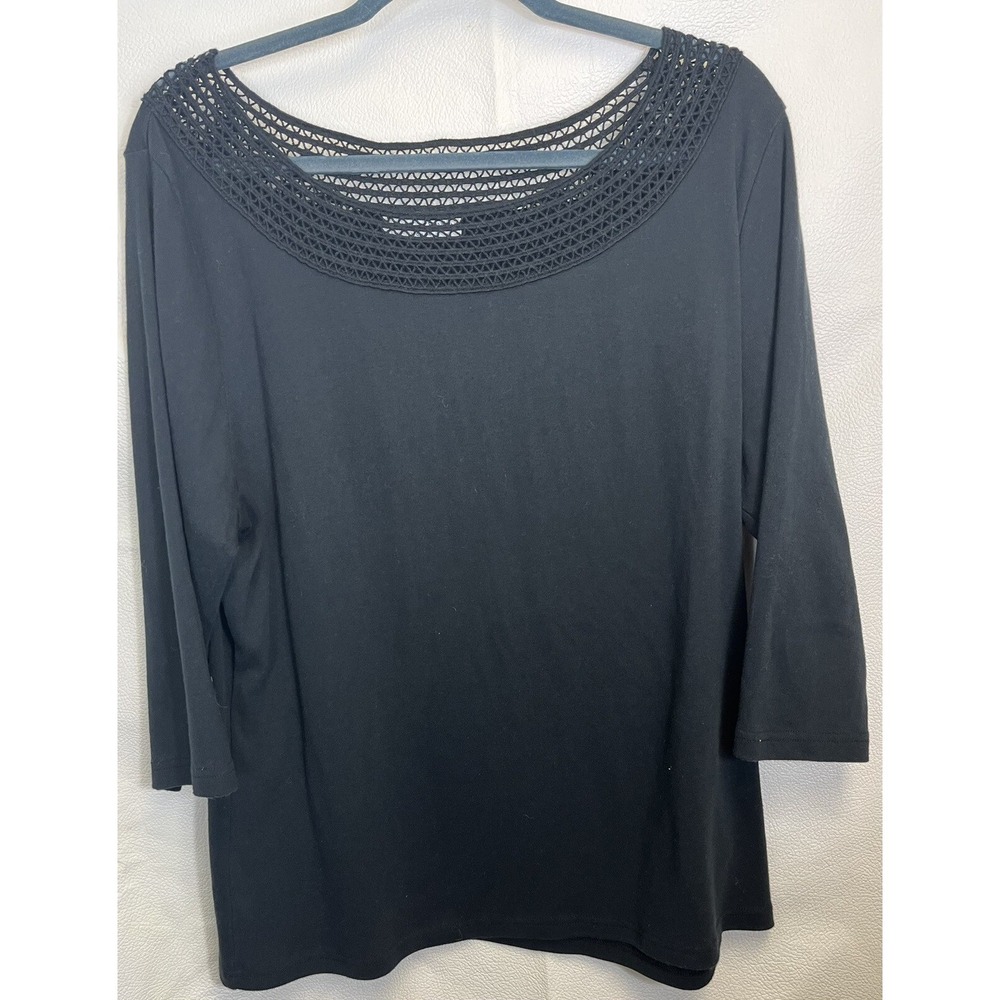 Hillard Hanson Womens Black 3/4 Sleeve Crochet Neck Blouse Pullover Top XL
